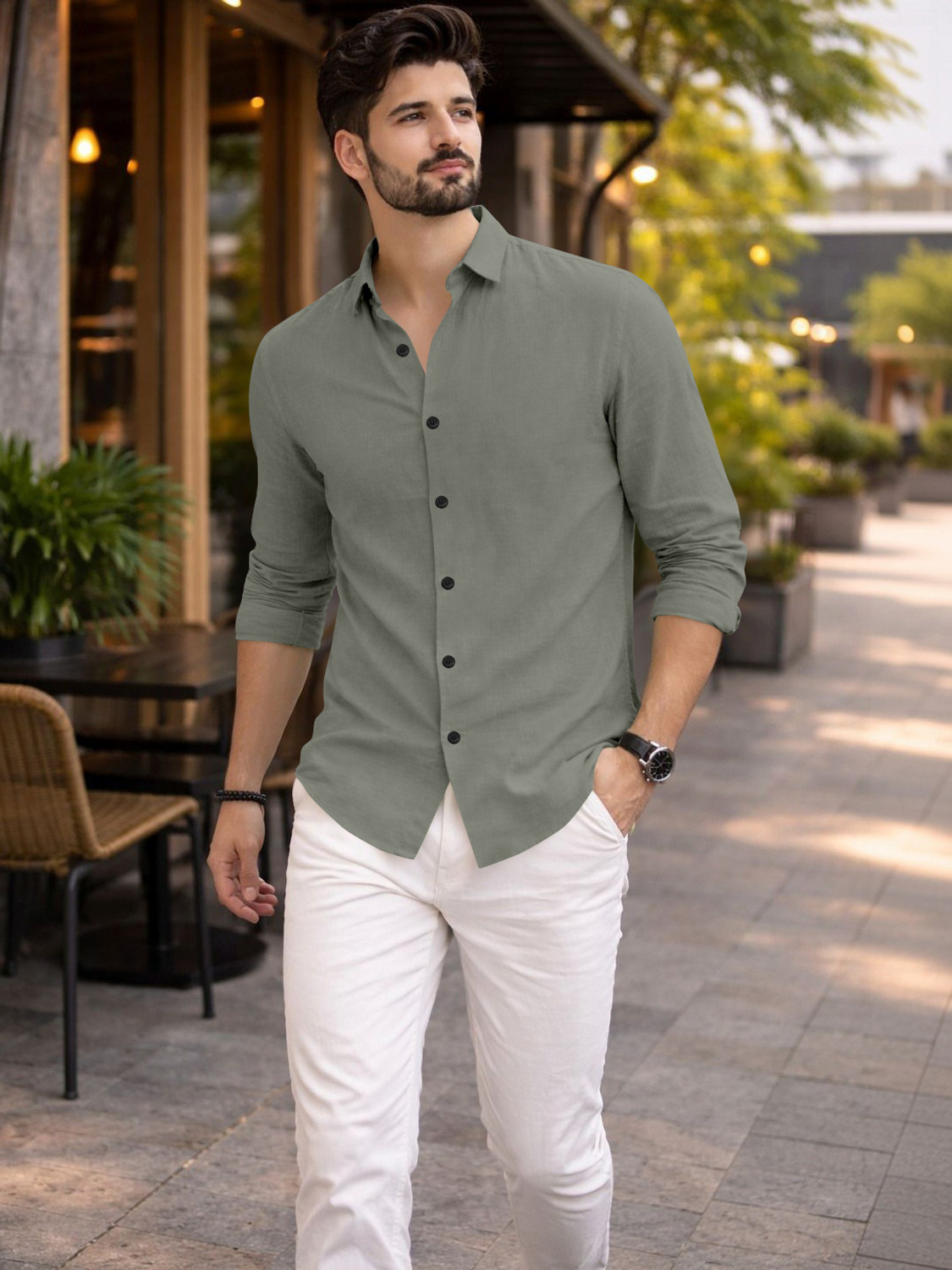 Image of Mameru Men Regular Fit Solid Cut Away Collar Casual Shirt