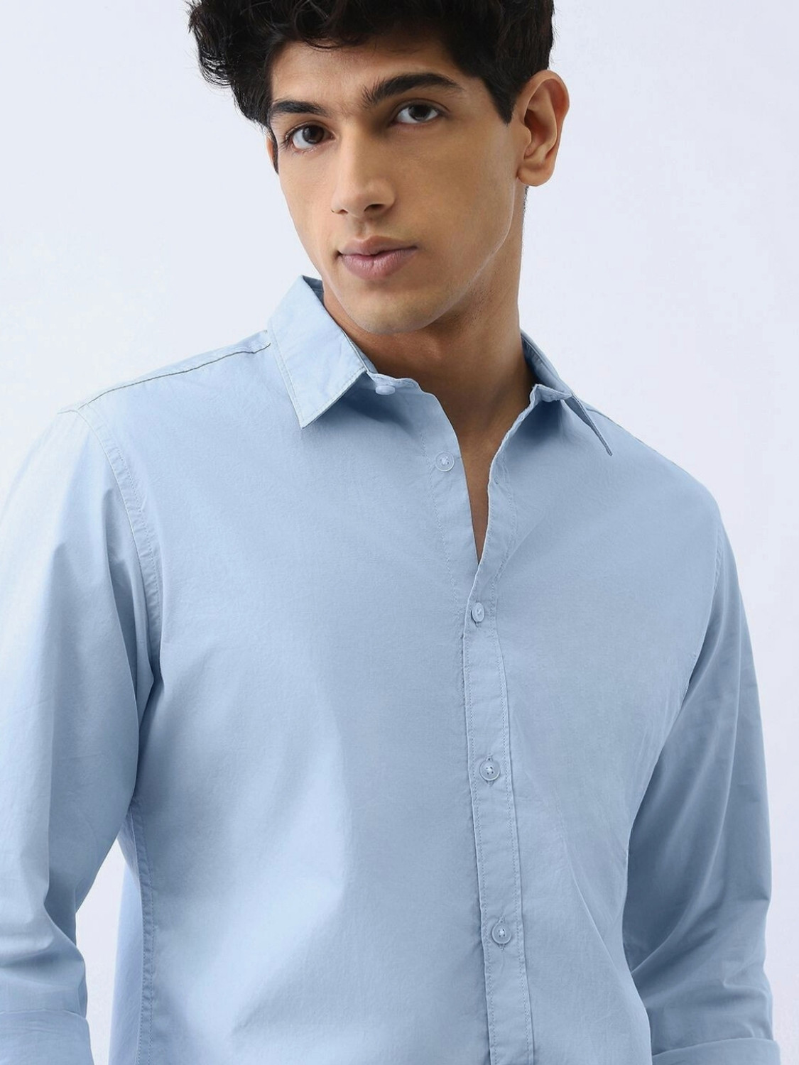 Image of URBANICE Men Solid Casual Light Blue Shirt