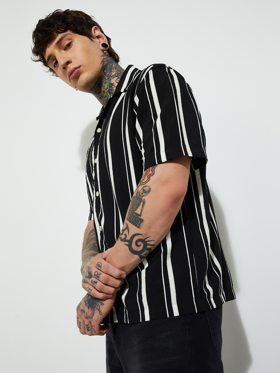 Image of MAX Men Striped Casual Black Shirt