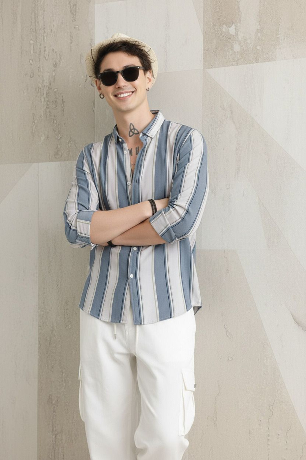 Image of DJFOX Men Striped Casual Light Blue Shirt