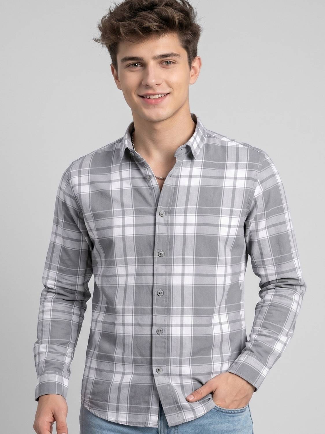 Shimak Men Checkered Casual Blue, Grey Shirt - Image 4