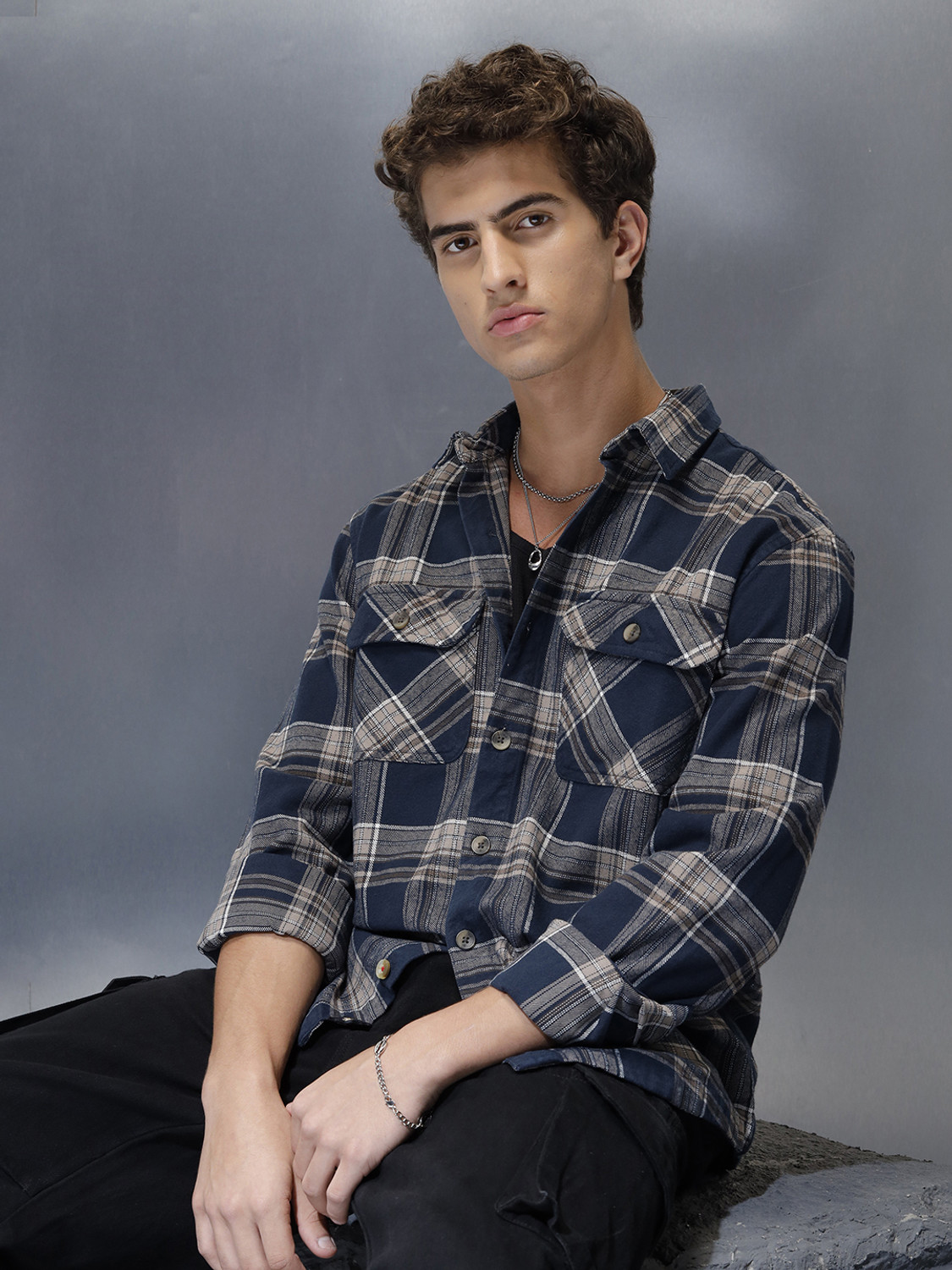 Image of WROGN Men Solid Casual Blue Shirt