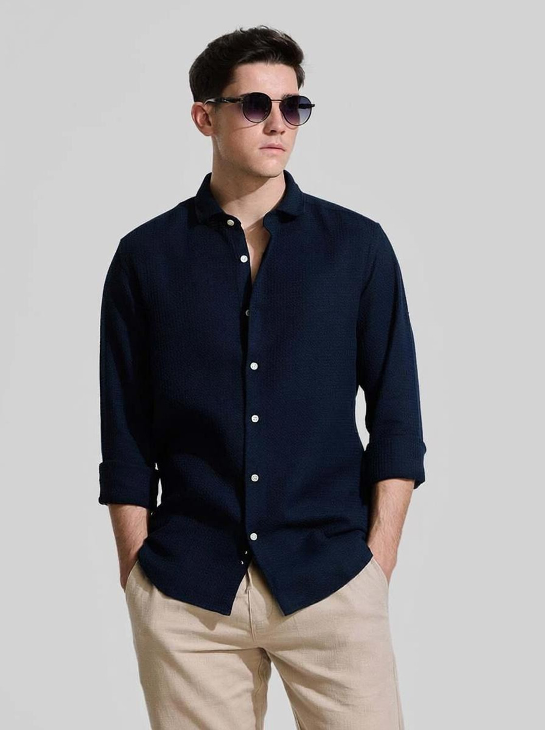 Image of Snitch Men Solid Casual Blue Shirt