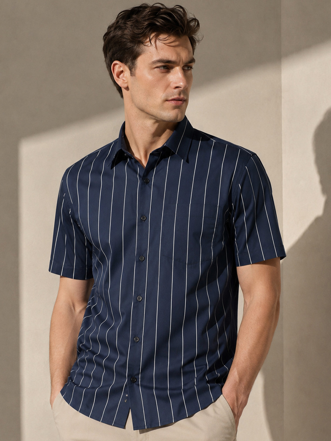 Image of Hancock Men Striped Formal Dark Blue Shirt