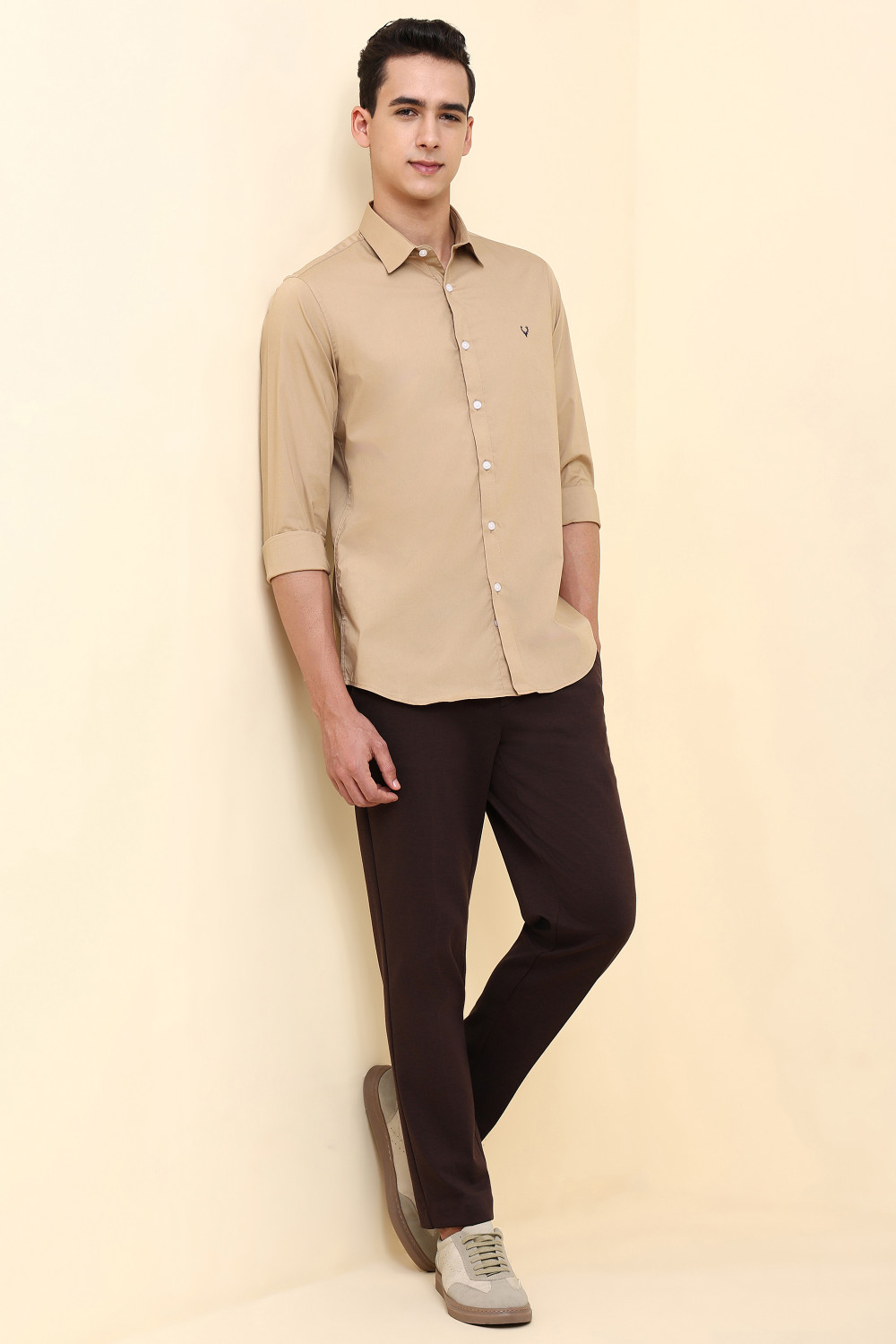 Image of Allen Solly Men Solid Casual Beige Shirt