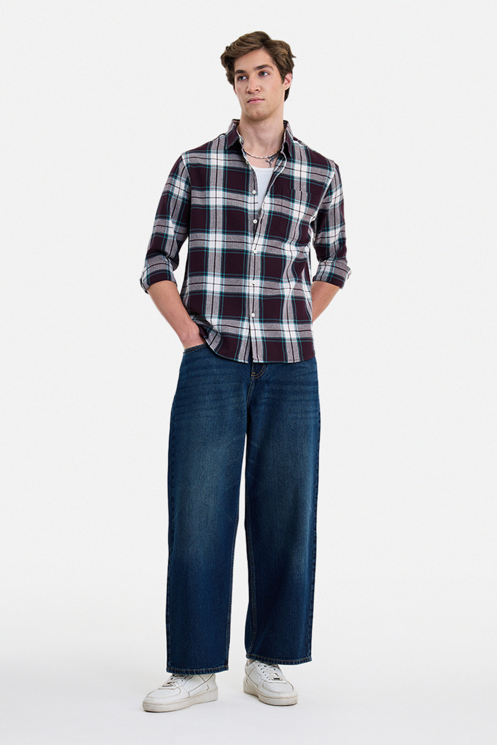 Image of Snitch Men Checkered Casual Maroon Shirt