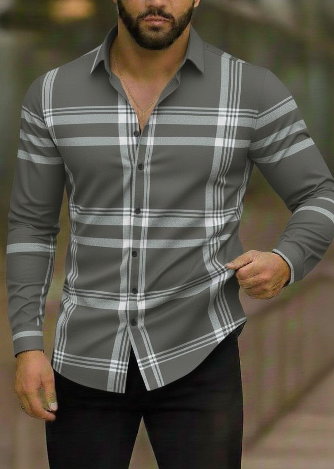 Image of JACKBELLA Men Striped Casual Grey Shirt