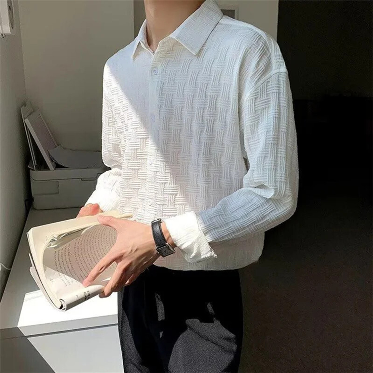 Image of Leriya Fashion Men Self Design Casual White Shirt