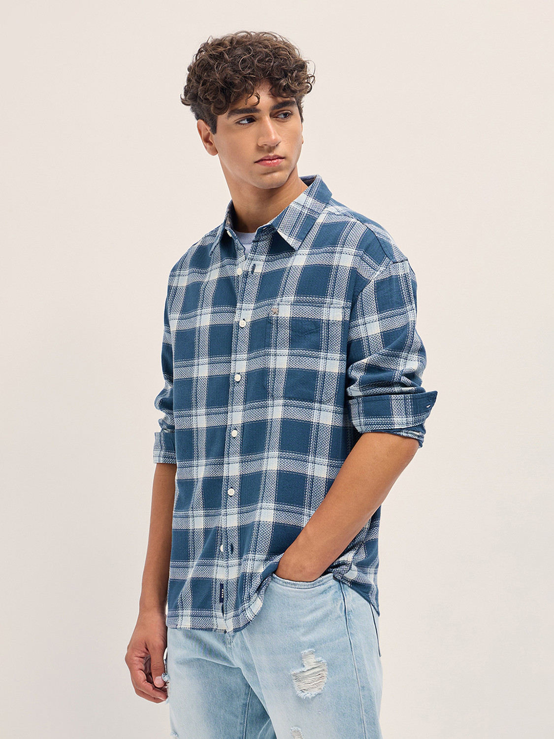 Image of THE BEAR HOUSE Men Checkered Casual Blue Shirt
