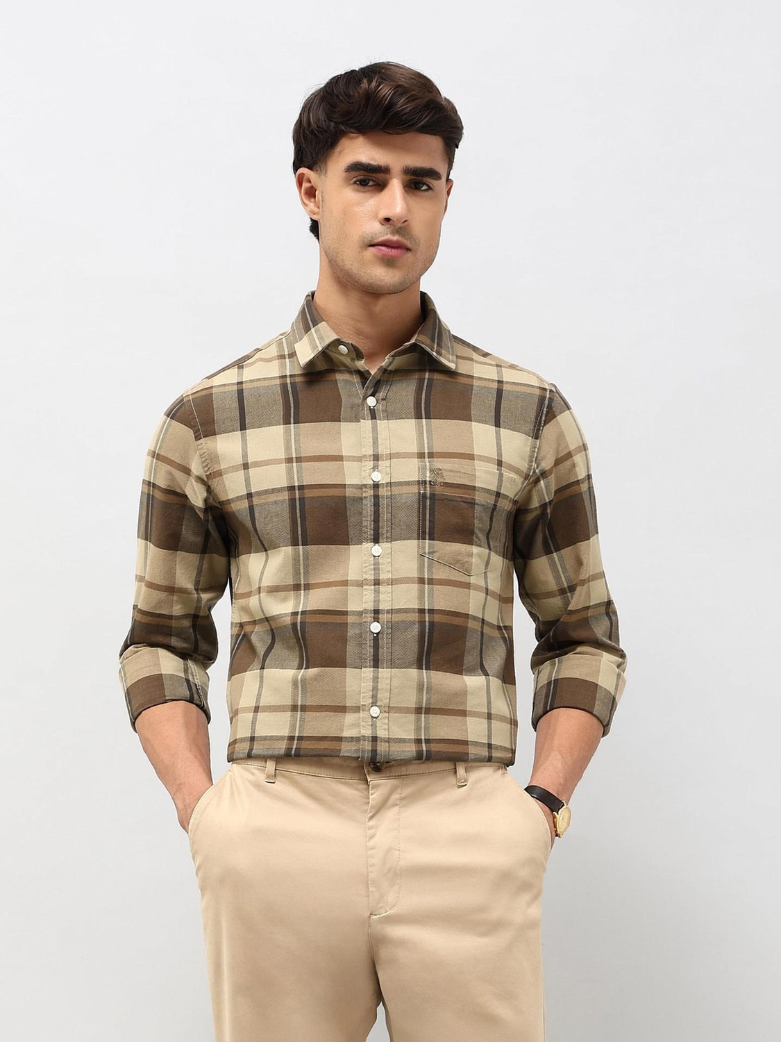 Image of U.S. POLO ASSN. Men Checkered Casual Brown, Beige Shirt