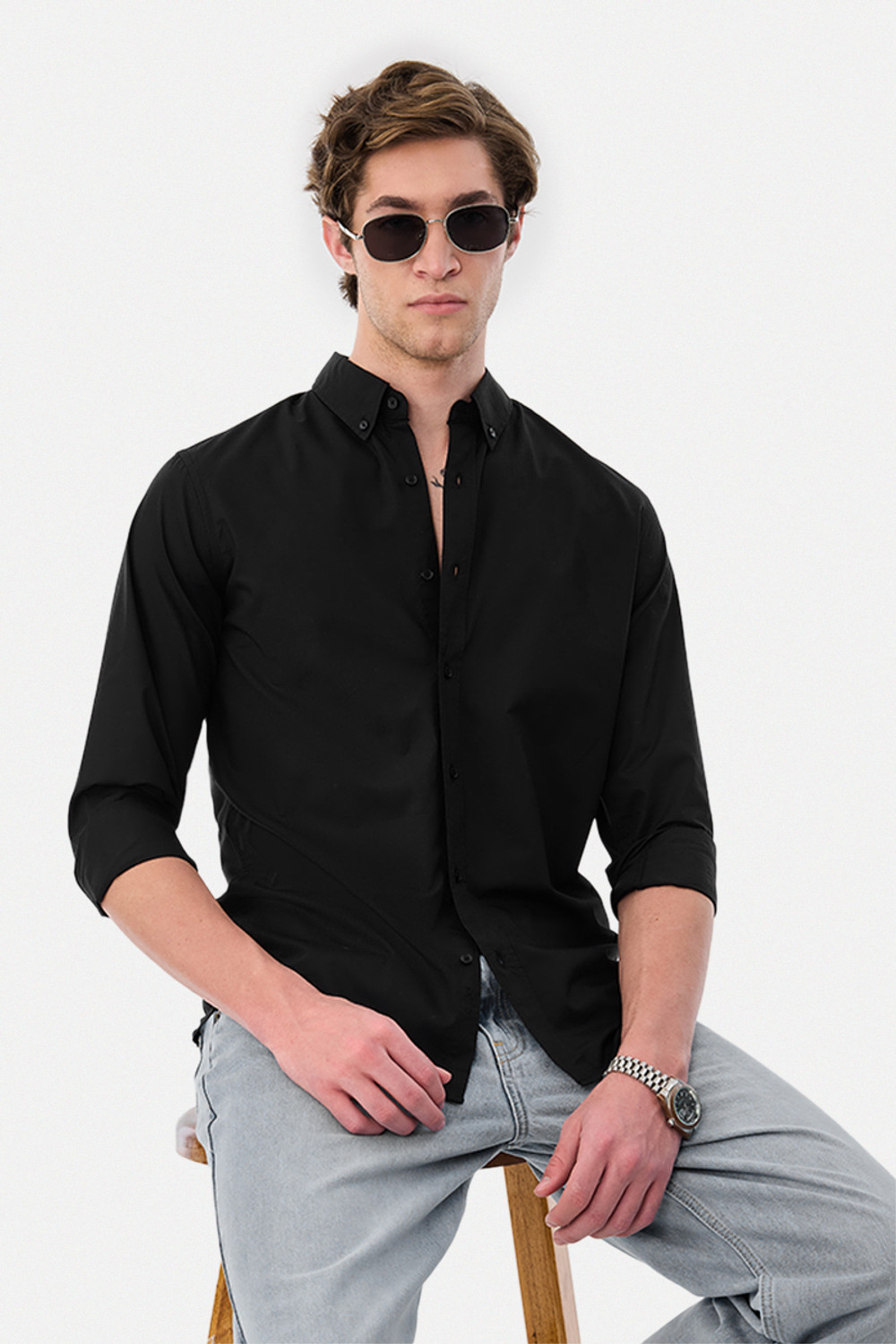 Image of Snitch Men Solid Casual Black Shirt