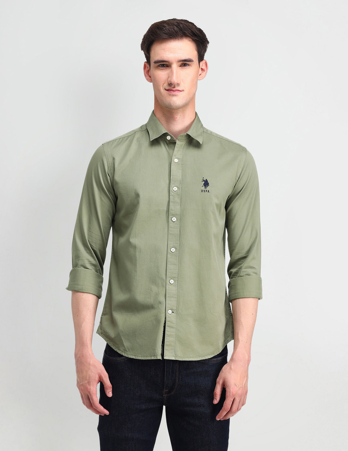 Image of U.S. POLO ASSN. Men Solid Formal Green Shirt