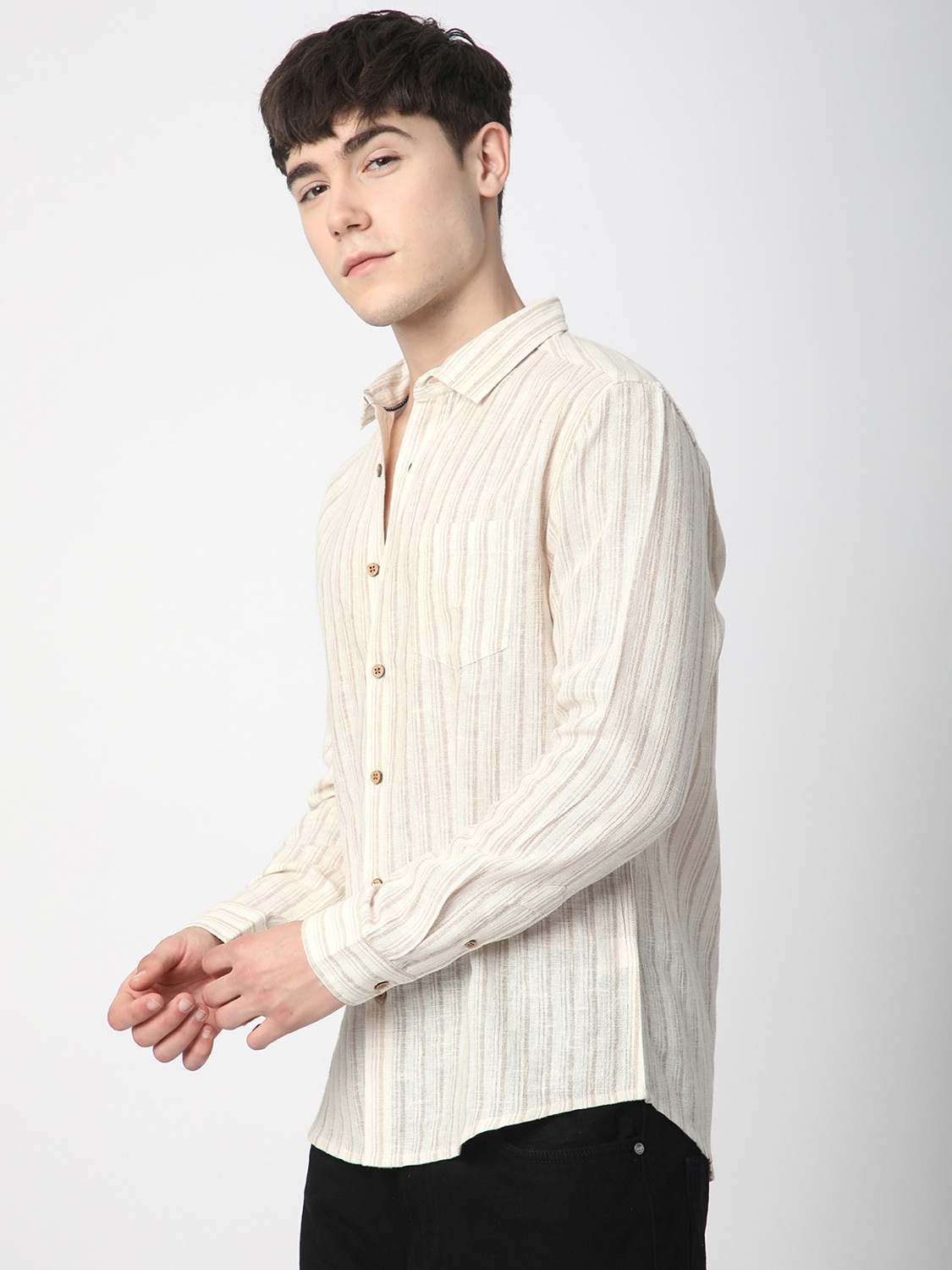 Image of VASTRADO Men Slim Fit Striped Cut Away Collar Casual Shirt