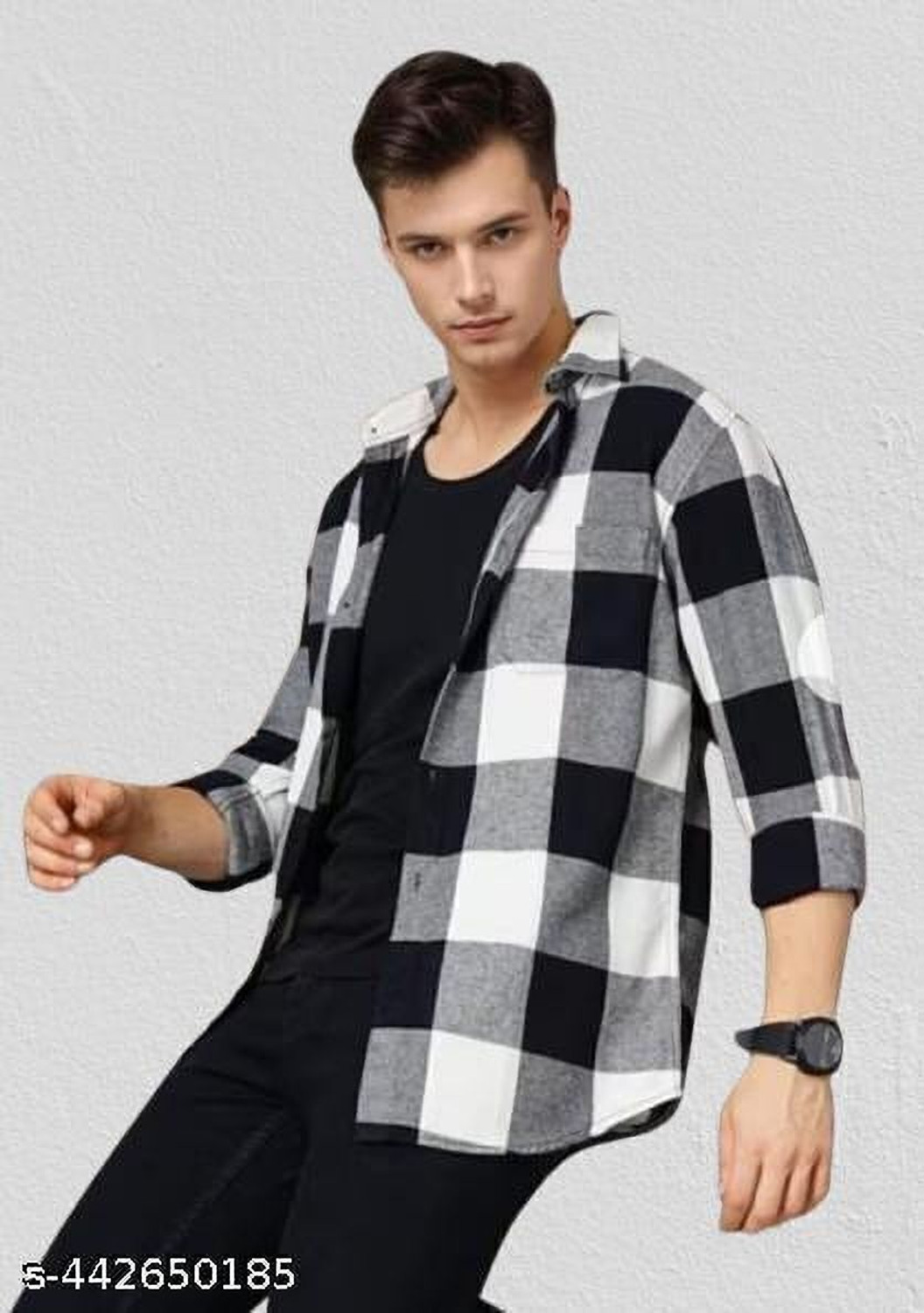 Image of Tkgfashion Men Checkered Casual Black, White Shirt