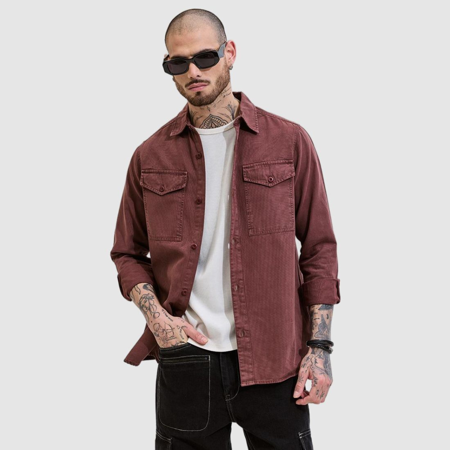 Image of Snitch Men Solid Casual Brown Shirt