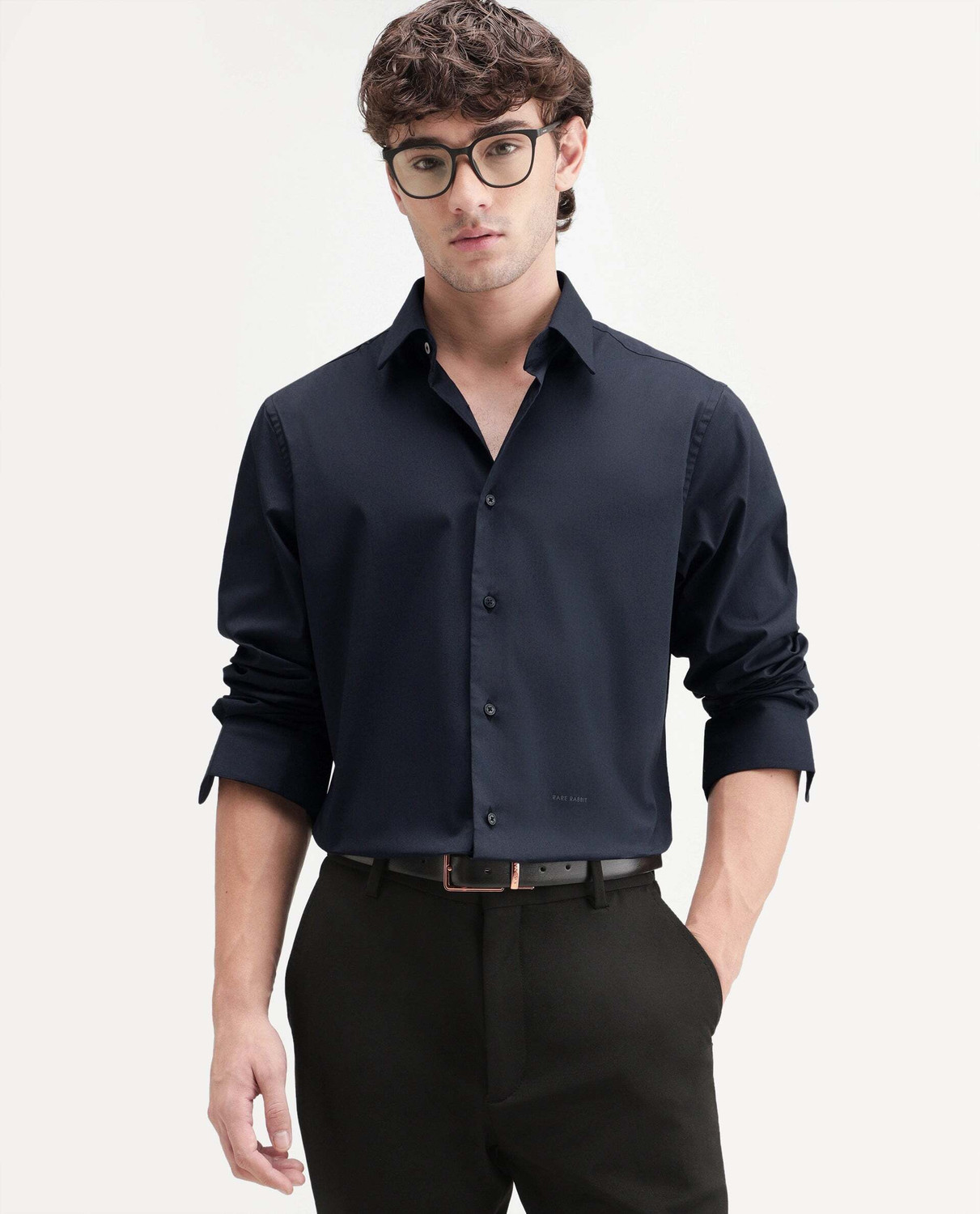 Image of RARE RABBIT Men Solid Casual Dark Blue Shirt