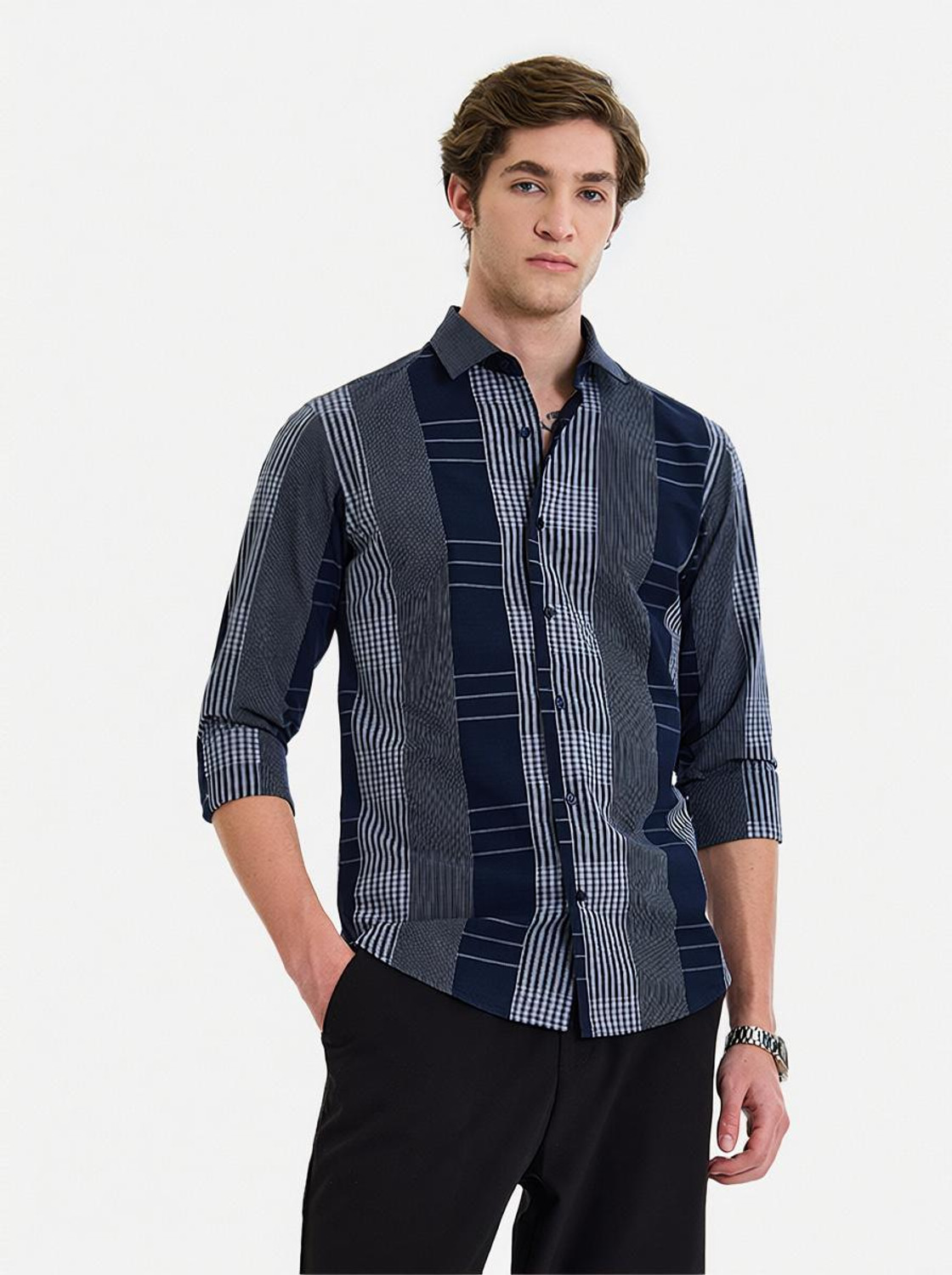 Snitch Men Checkered Casual Dark Blue Shirt