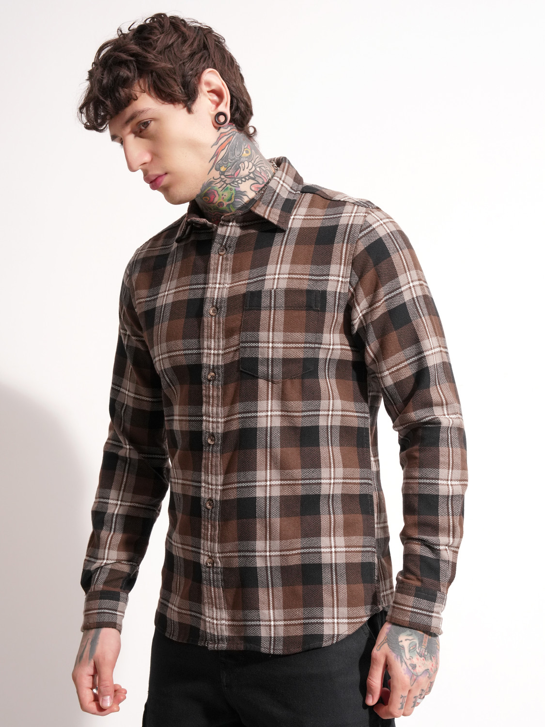 Image of HIGHLANDER Men Checkered Casual Brown Shirt