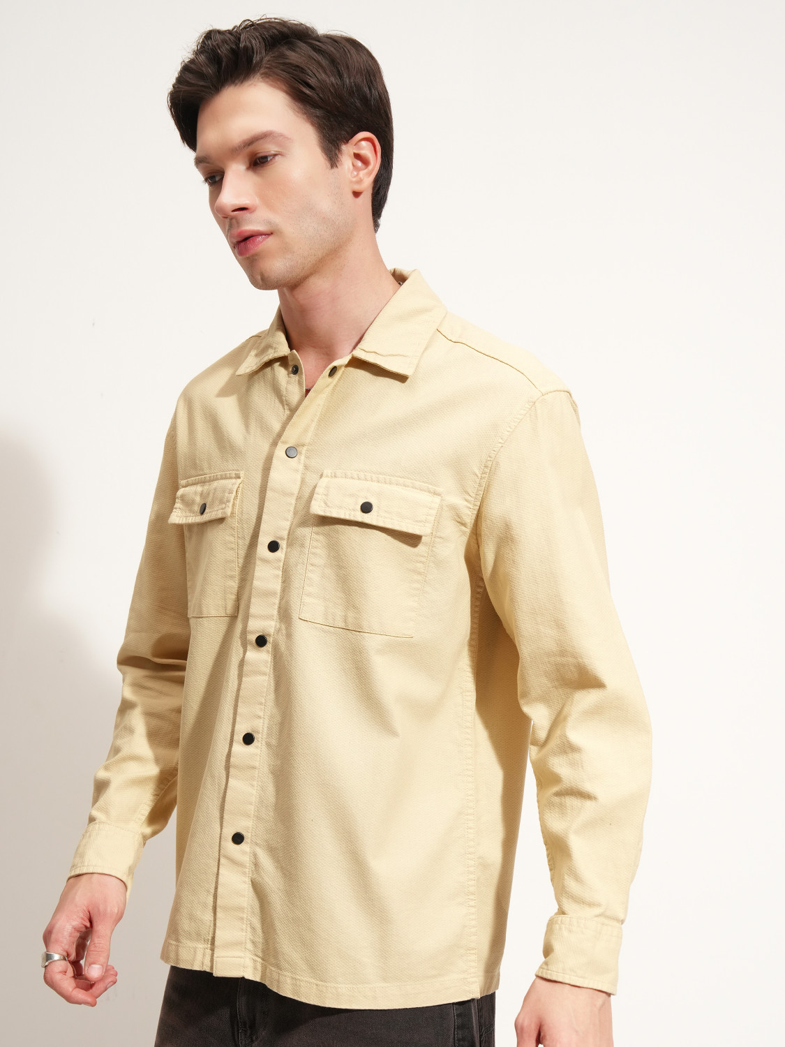 Image of HIGHLANDER Men Self Design Casual Beige Shirt