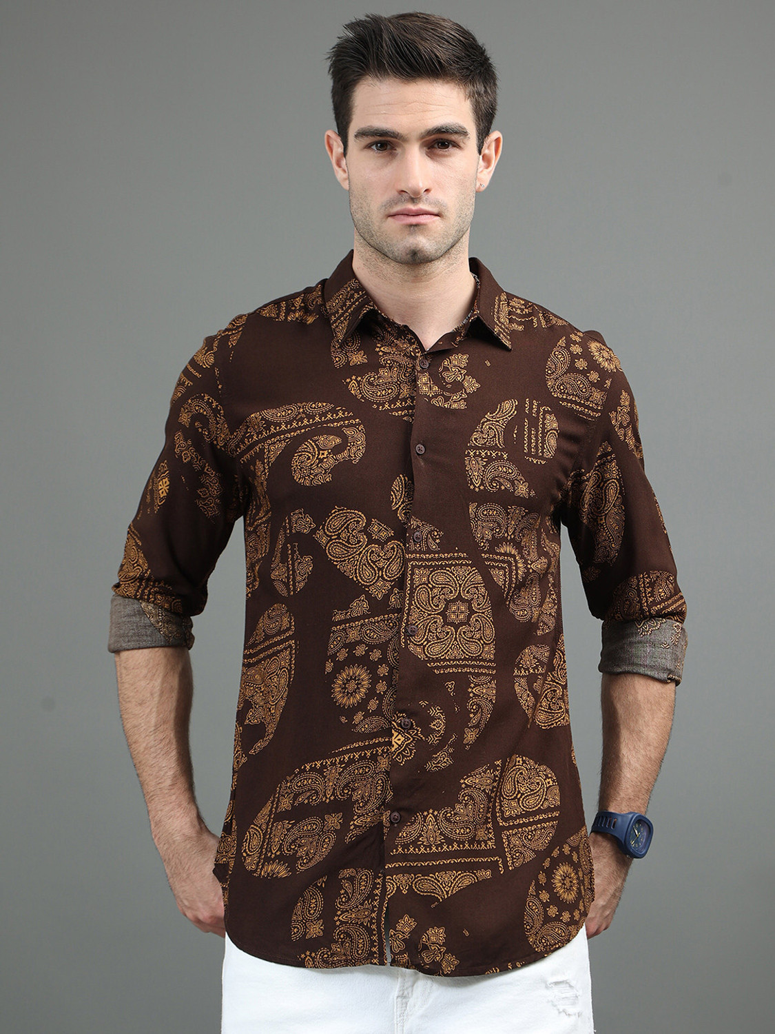 Image of HERE&NOW Men Printed Casual Brown Shirt