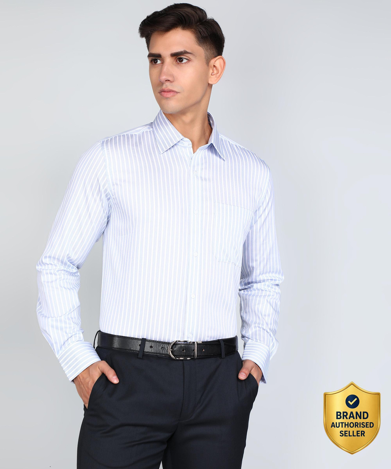 Image of Raymond Men Striped Formal Blue Shirt