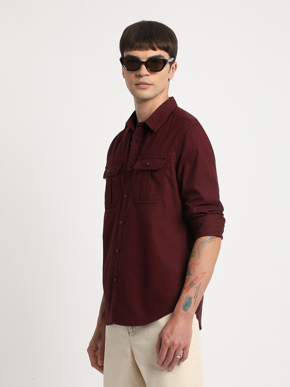 Image of THE BEAR HOUSE Men Solid Casual Maroon Shirt