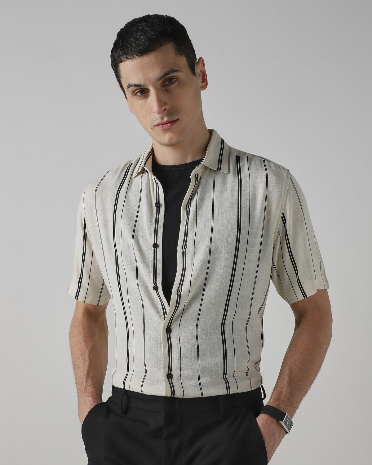 Image of MUFTI Men Slim Fit Striped Spread Collar Casual Shirt