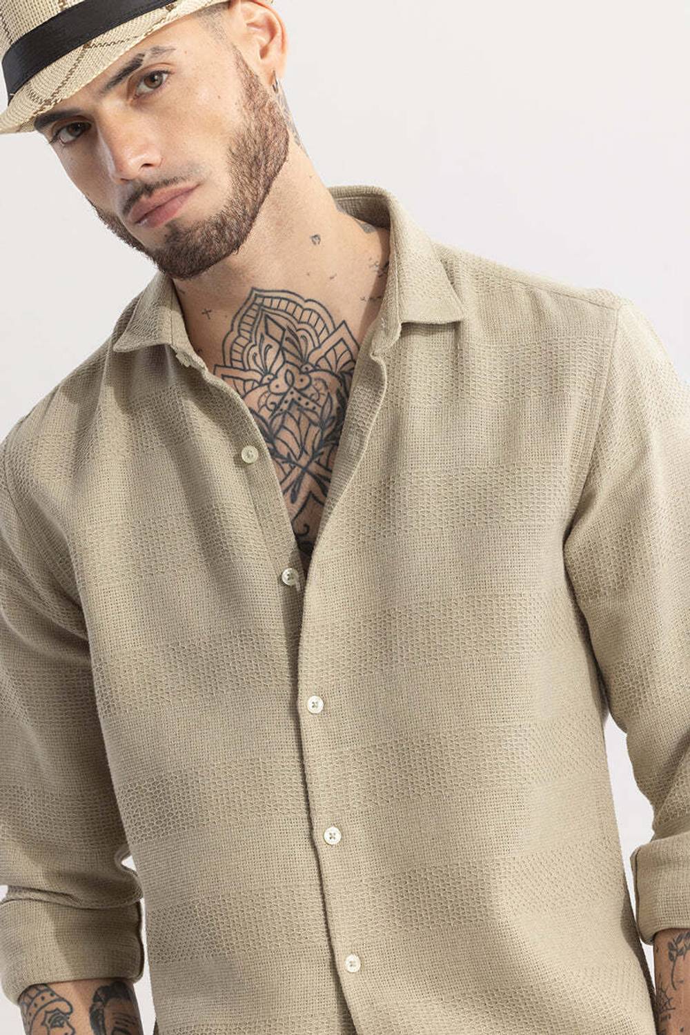 Snitch Men Self Design Casual Khaki Shirt - Image 5
