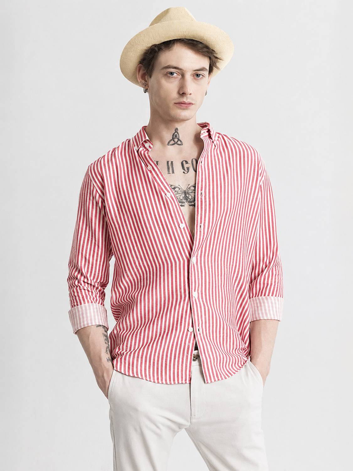 MANCLUB Men Striped Casual White, Red Shirt - Image 2