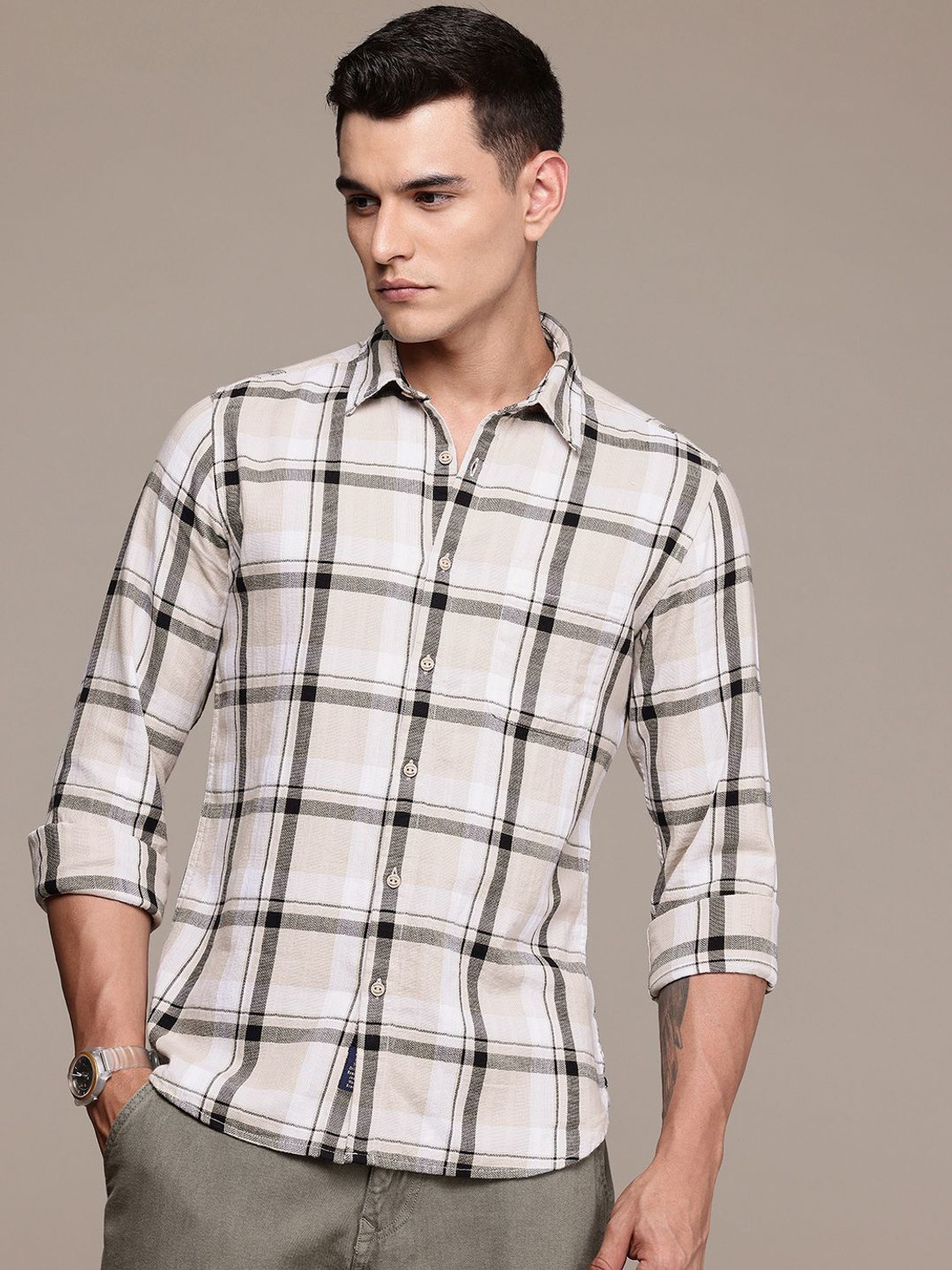 Image of Roadster Men Checkered Casual Beige Shirt