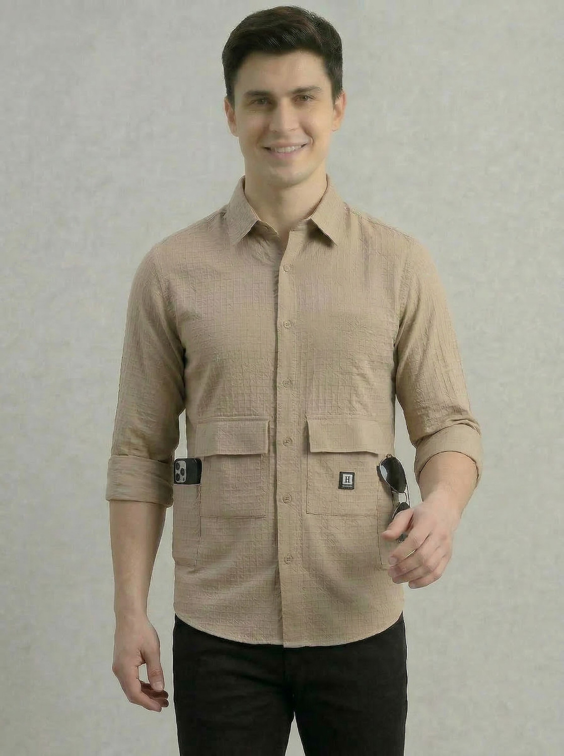 Image of METRONAUT Men Self Design Casual Beige Shirt