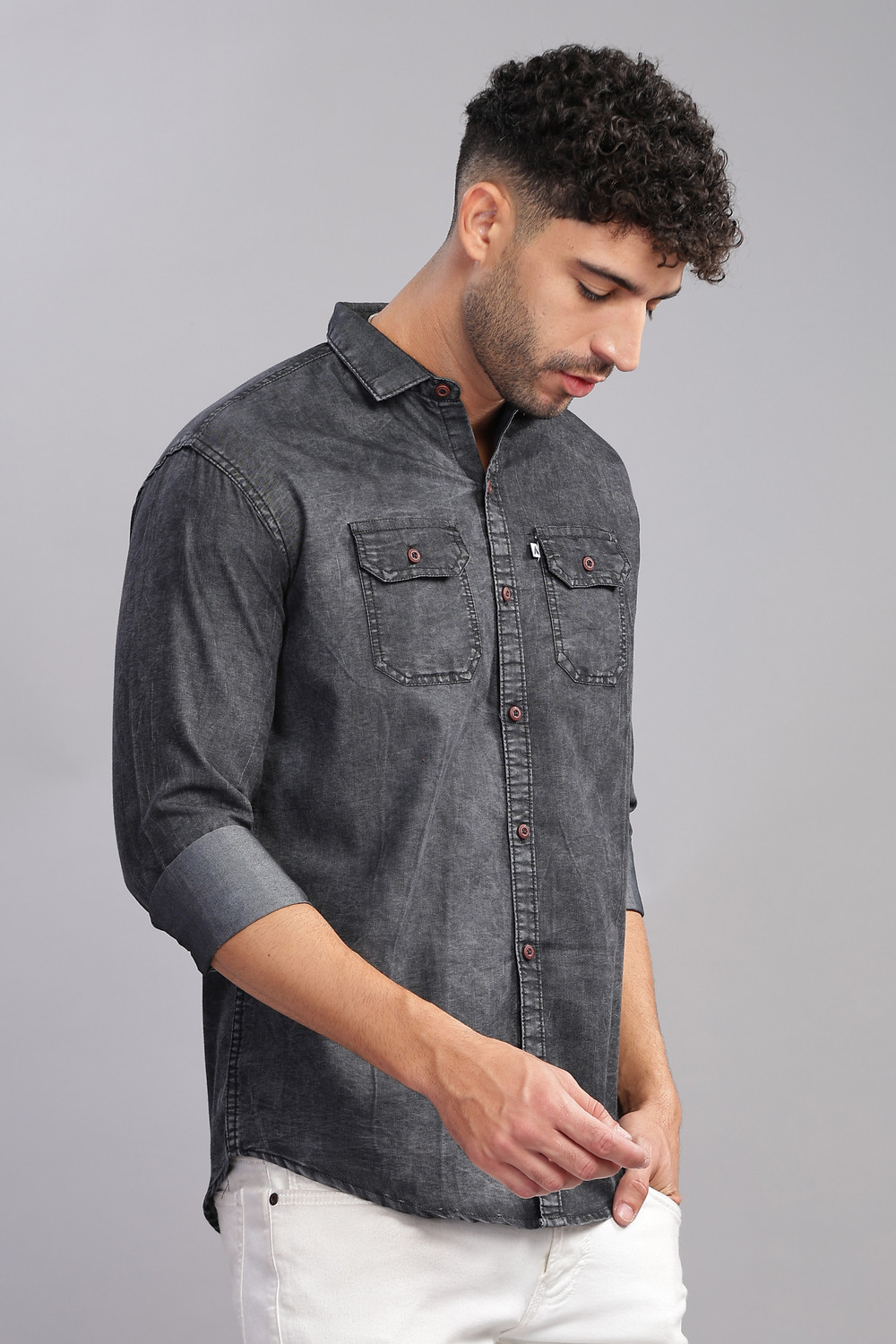 Image of AIDAN PAUL Men Washed Casual Grey Shirt