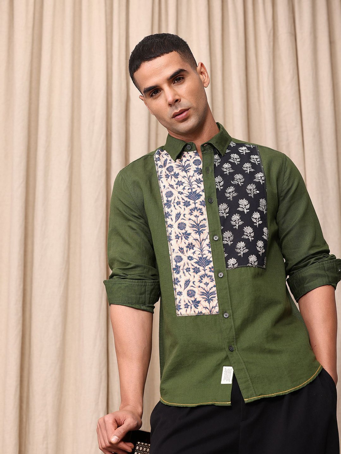 Image of Mr Bowerbird Men Self Design Casual Green Shirt