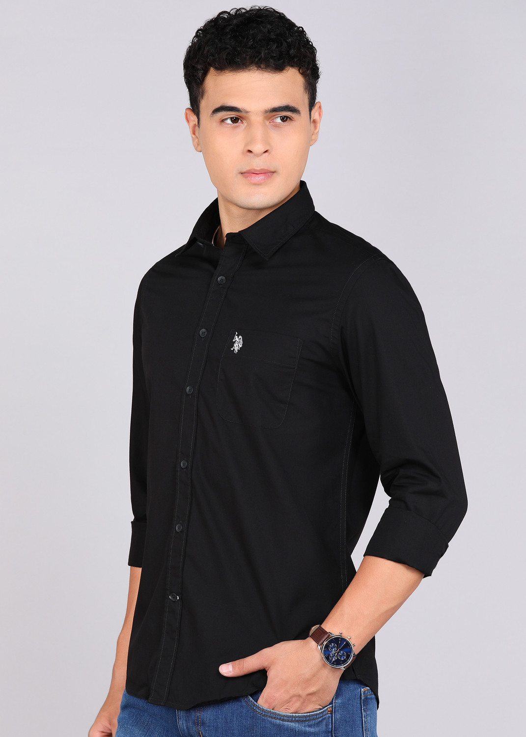 Image of U.S. POLO ASSN. Men Solid Casual Black Shirt