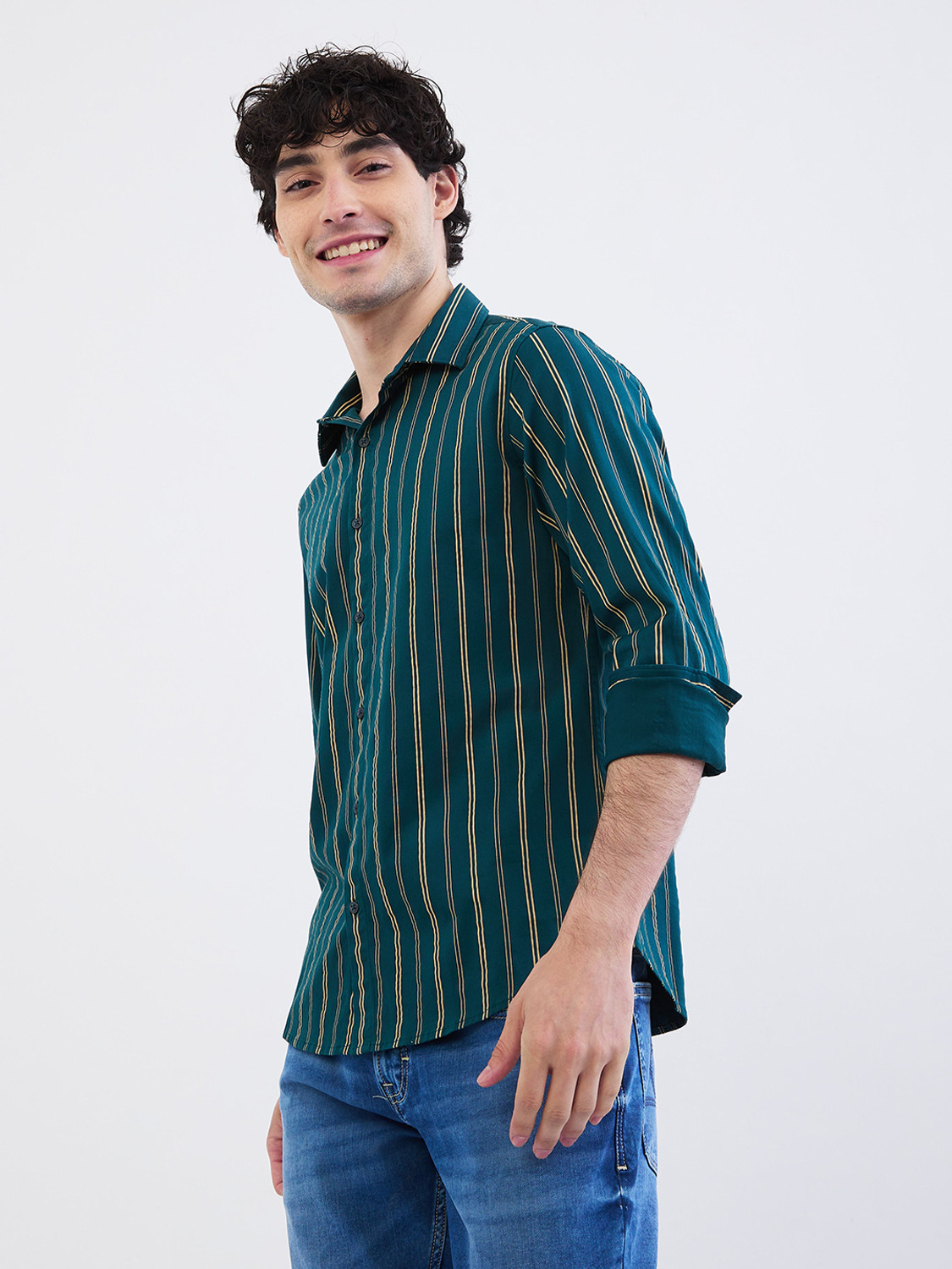 Image of Spykar Men Striped Casual Green Shirt