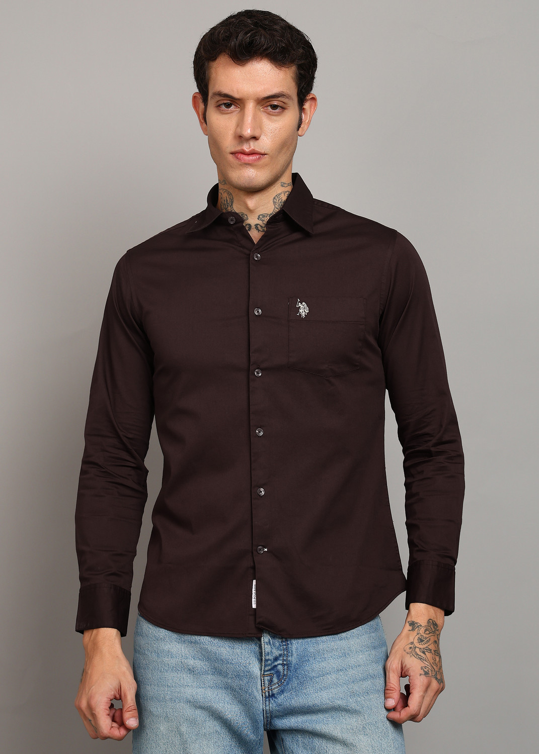 Image of U.S. POLO ASSN. Men Tailored Fit Solid Cut Away Collar Casual Shirt