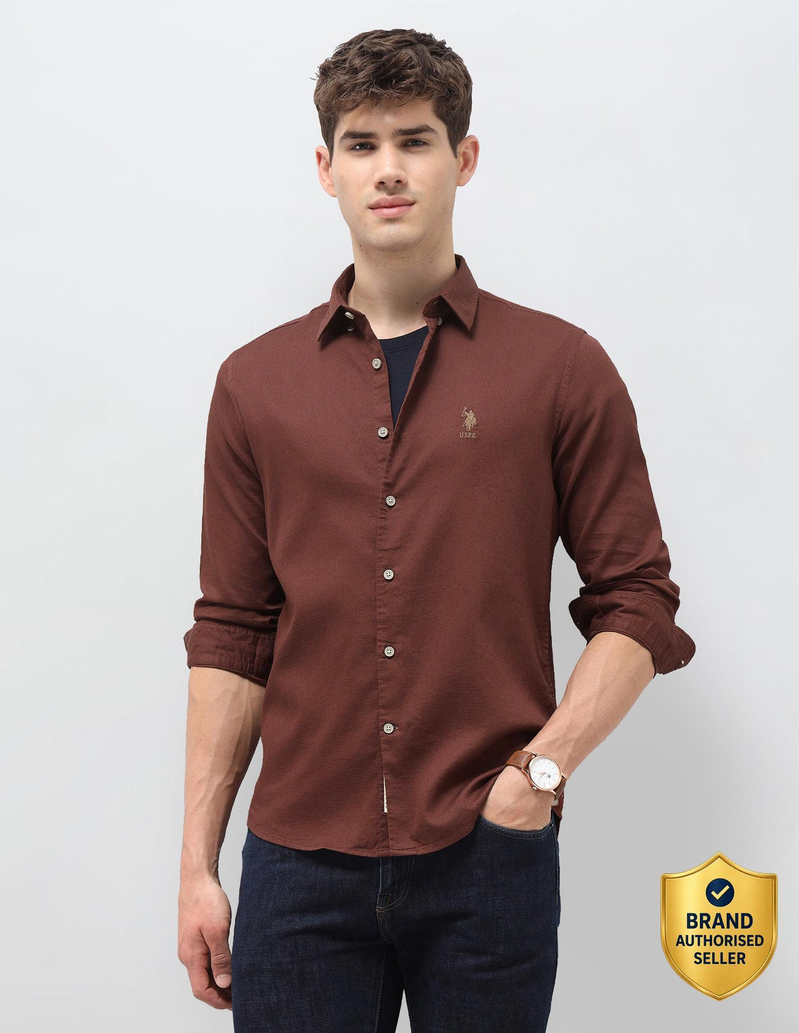Image of U.S. Polo Assn. Denim Co. Men Solid Casual Brown Shirt