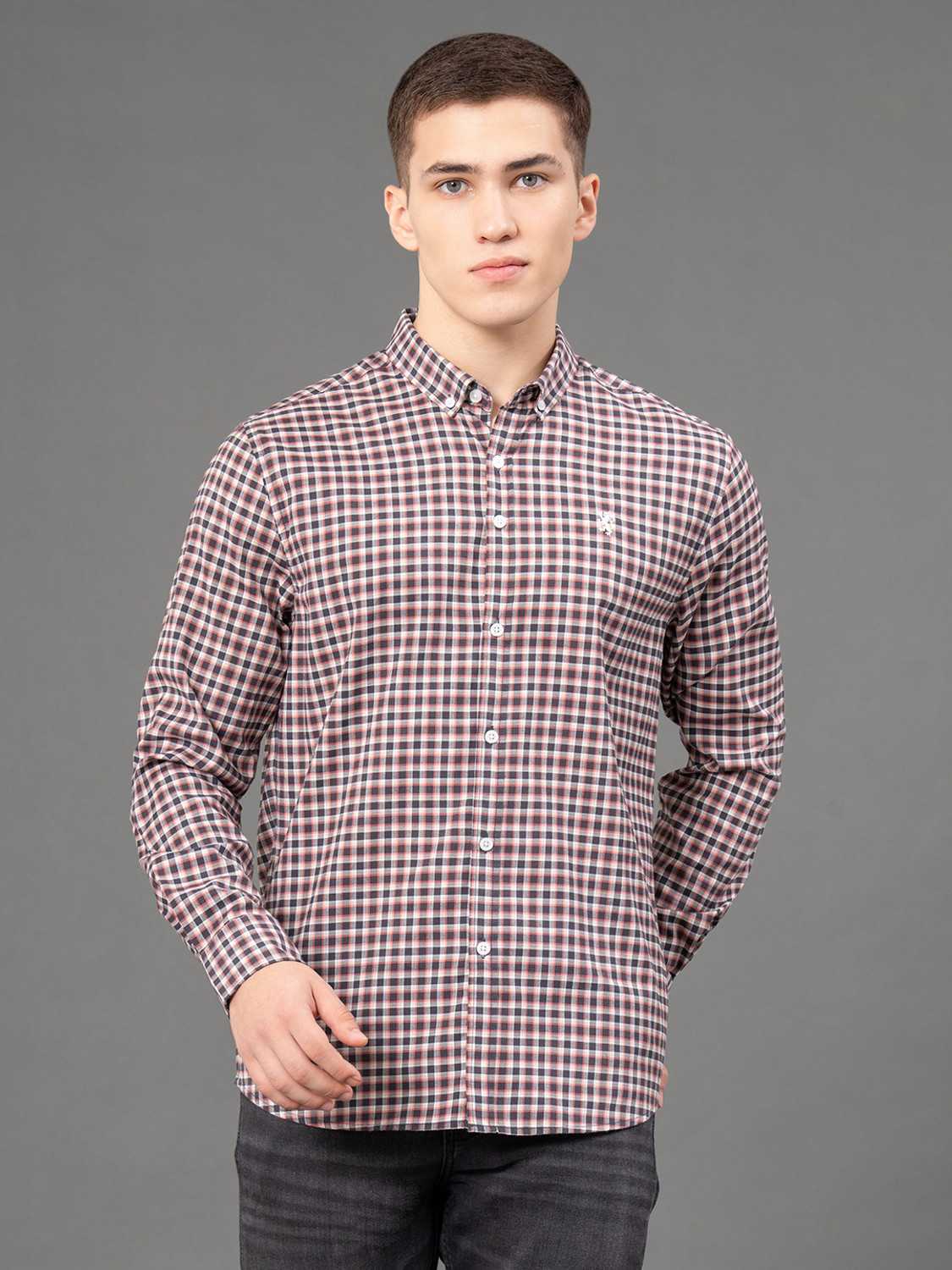 Image of RED TAPE Men Checkered Casual Grey, Brown Shirt