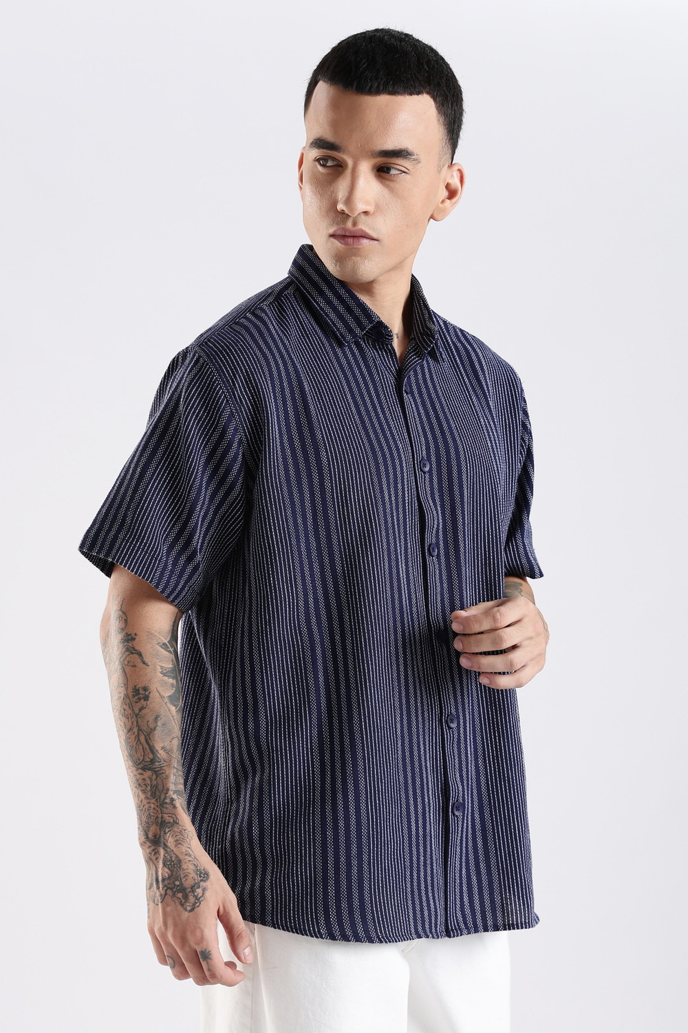 Image of ADRO Men Striped Casual Dark Blue Shirt