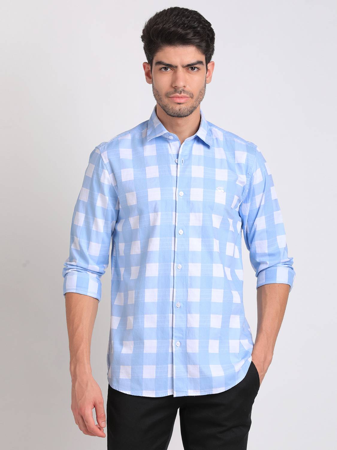 ADRO Men Checkered Casual Light Blue, White Shirt