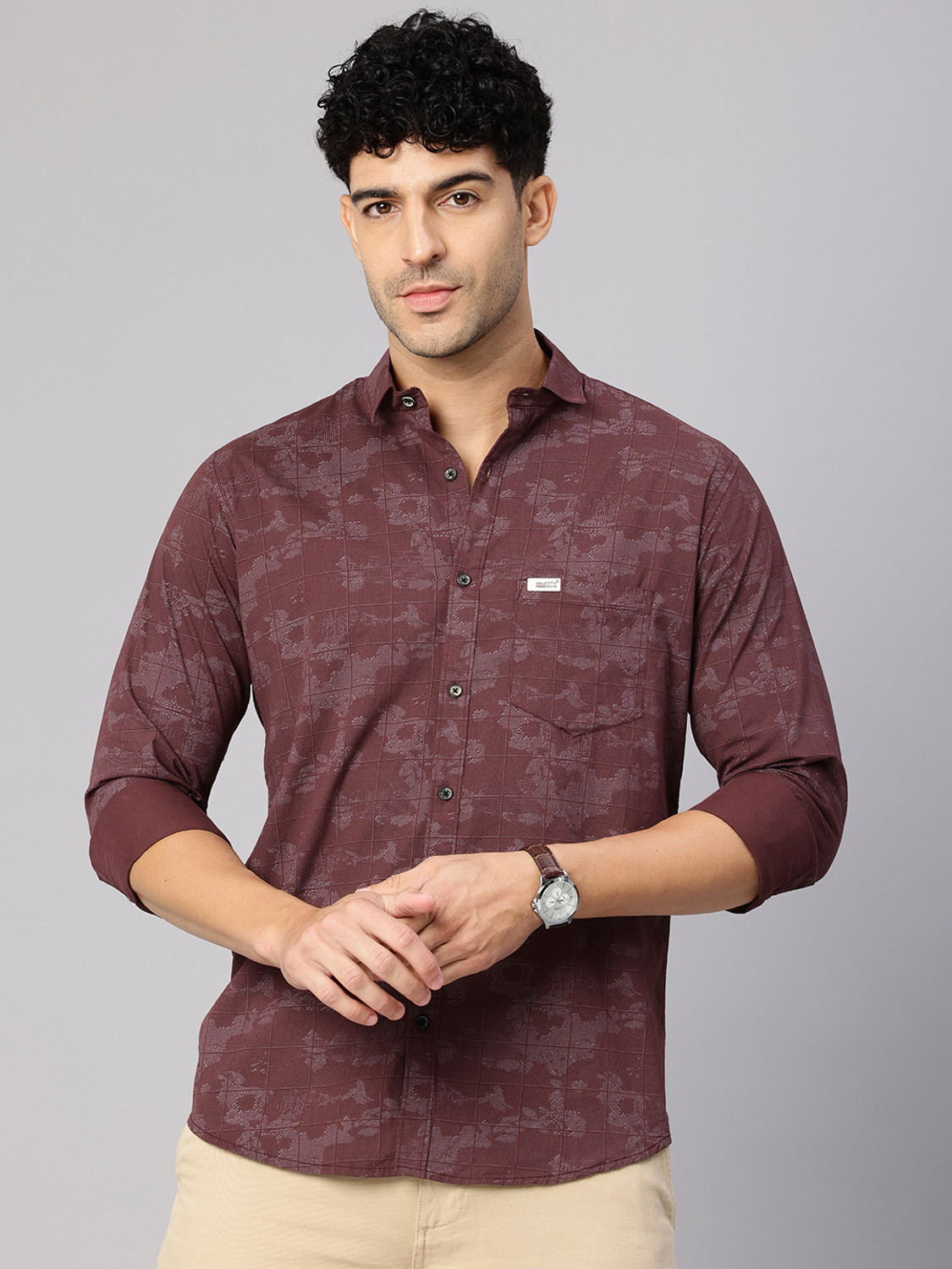 Image of Majestic Man Men Printed, Checkered Casual Maroon Shirt