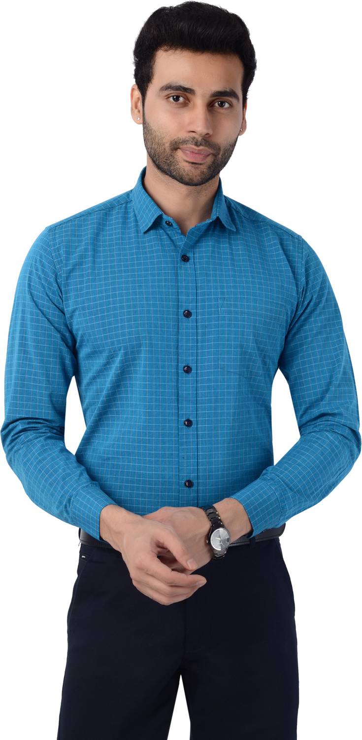 5TH ANFOLD Men Checkered Formal Blue Shirt