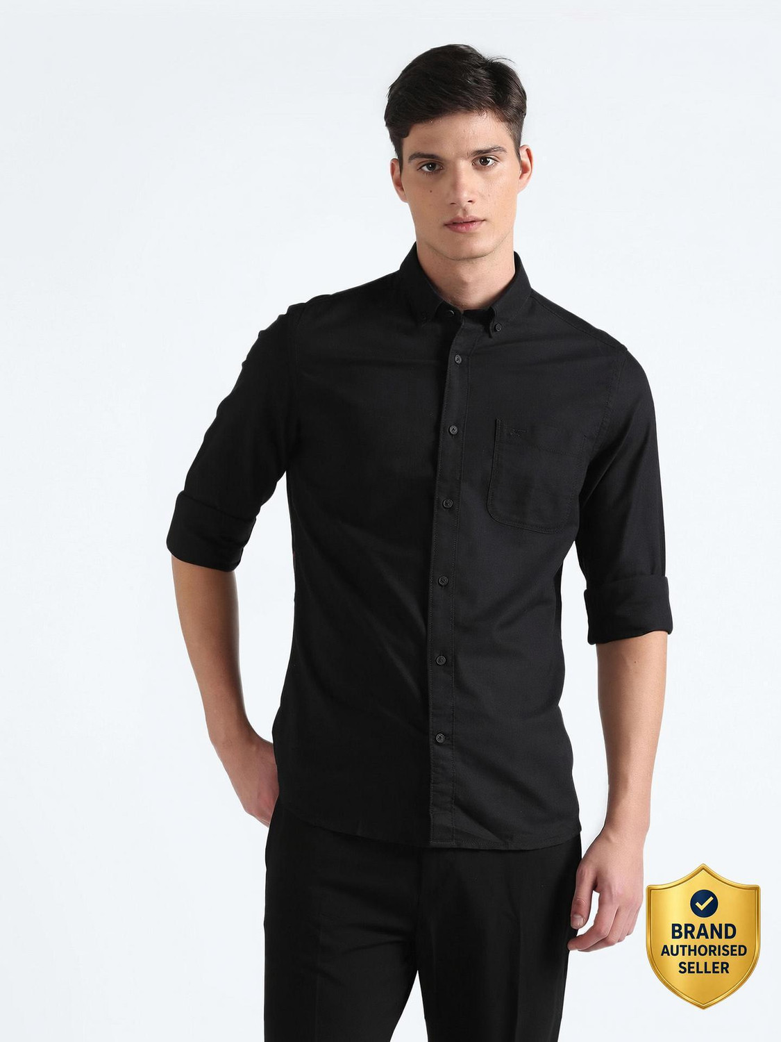 Image of FLYING MACHINE Men Solid Casual Black Shirt