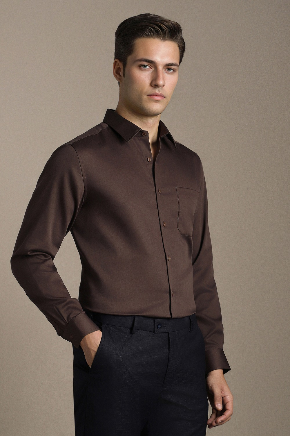 Image of LOUIS PHILIPPE Men Solid Formal Brown Shirt