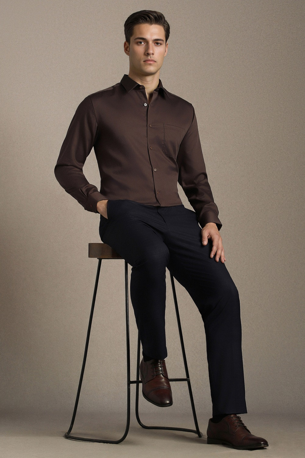 Image of LOUIS PHILIPPE Men Solid Formal Brown Shirt