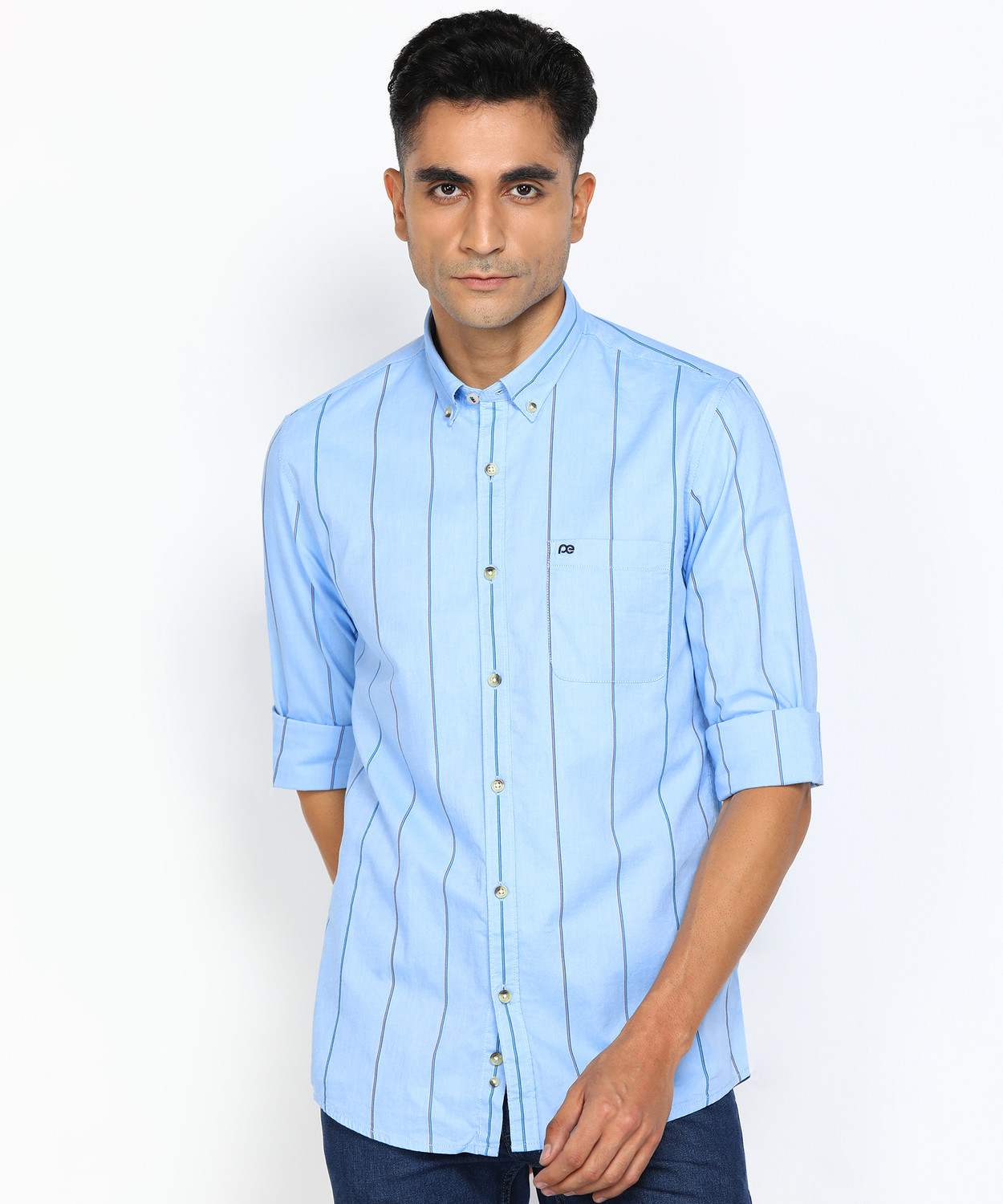 Image of PETER ENGLAND Men Striped Casual Light Blue Shirt