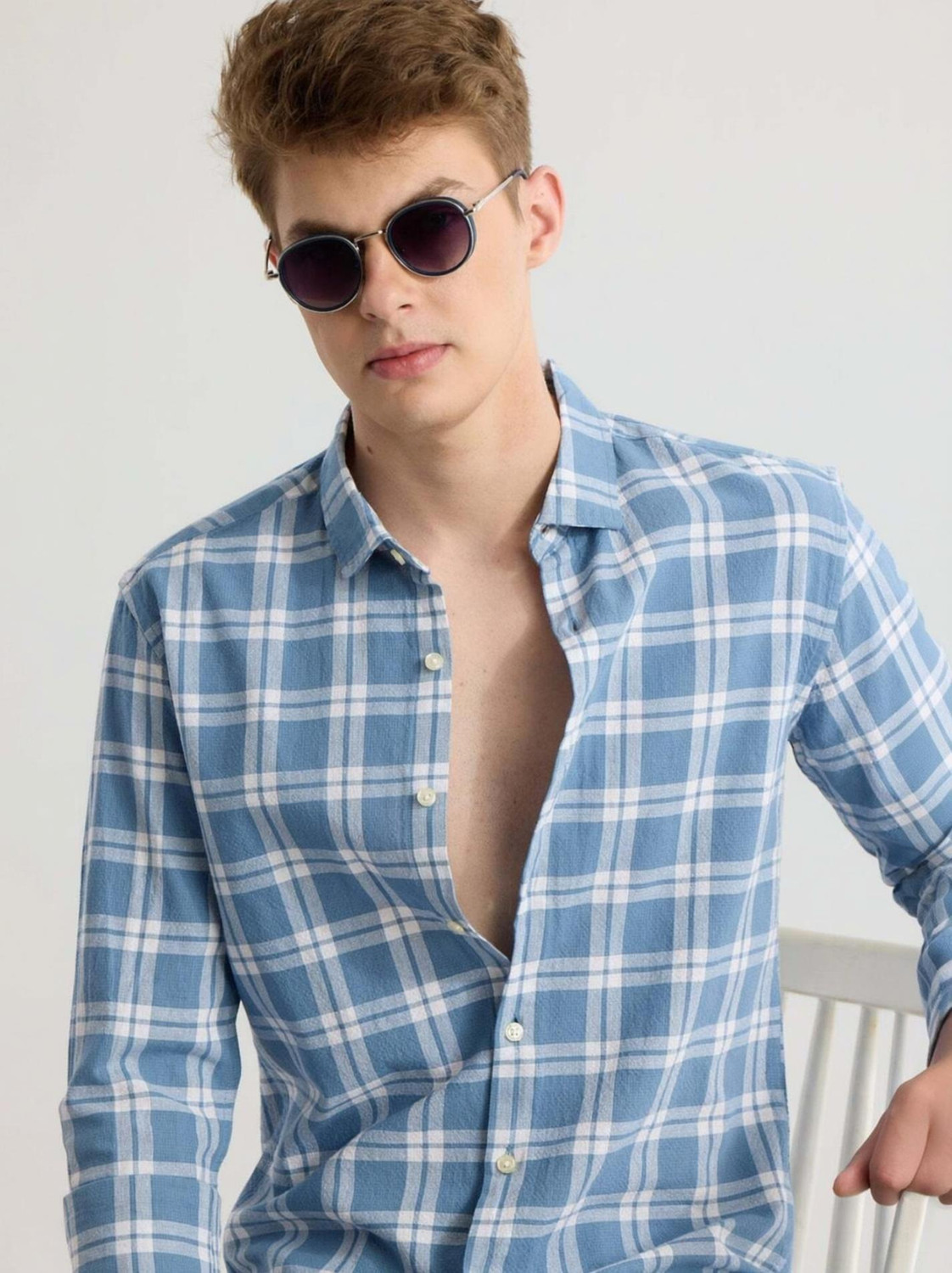 Image of METRONAUT Men Checkered Casual Light Blue Shirt