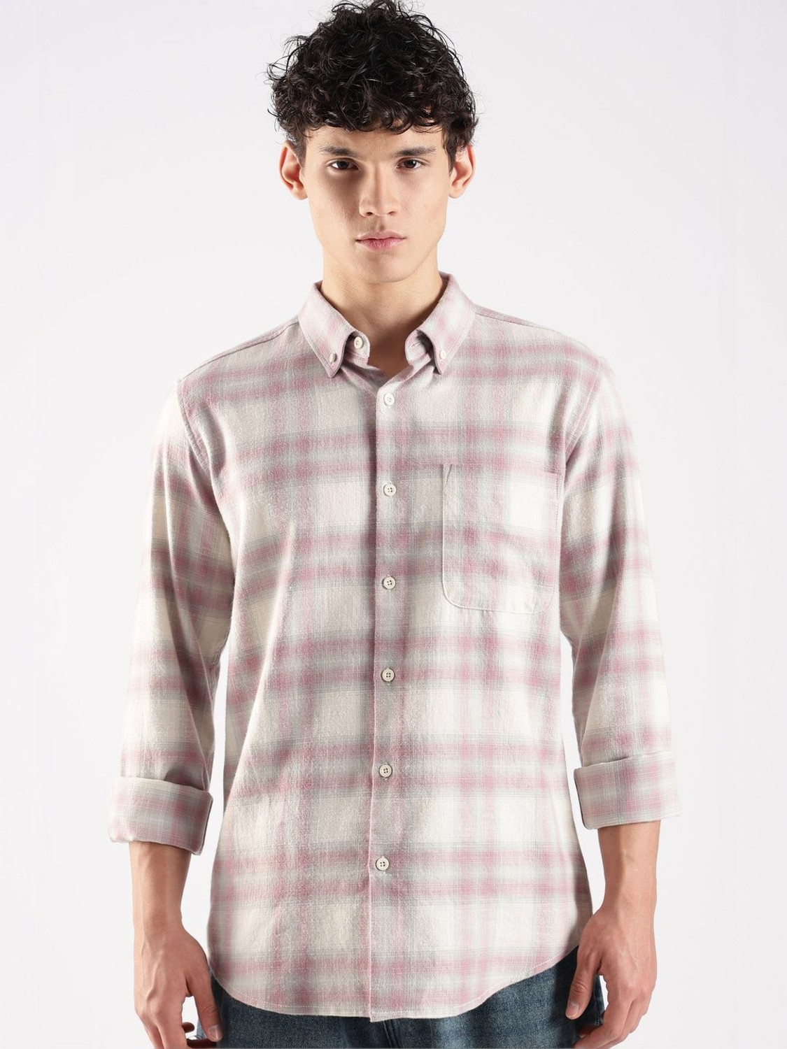 Image of HERE&NOW Men Checkered Casual White Shirt