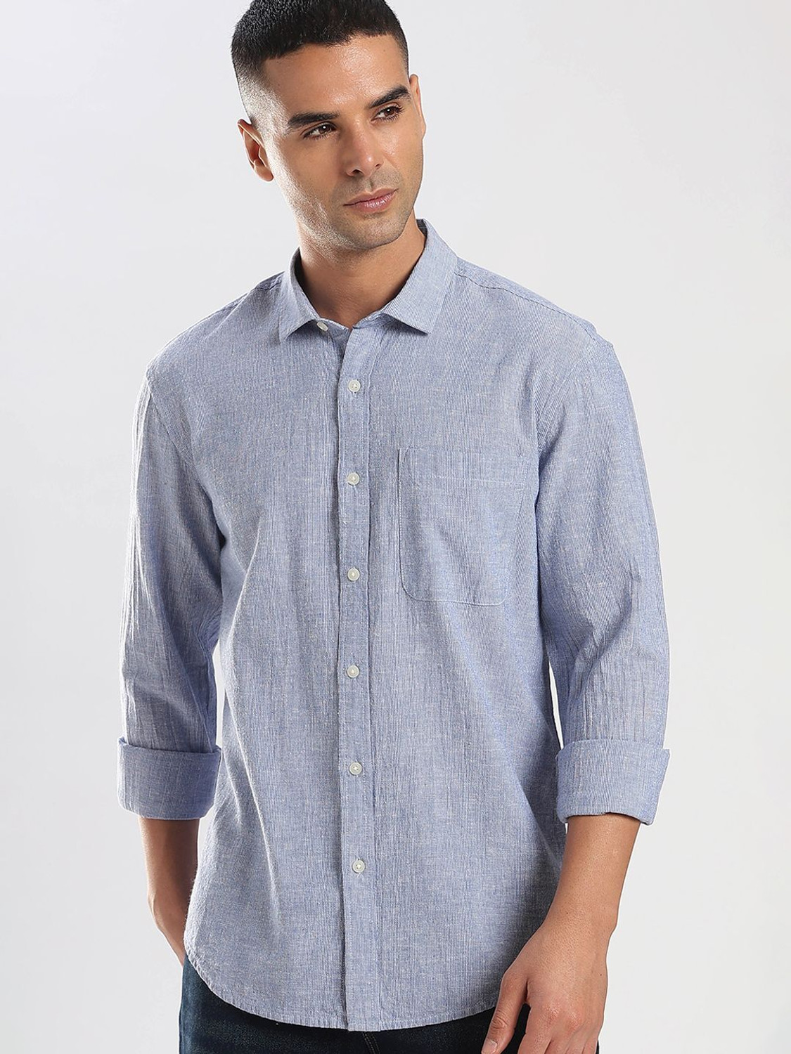 Image of HERE&NOW Men Striped Casual Blue Shirt
