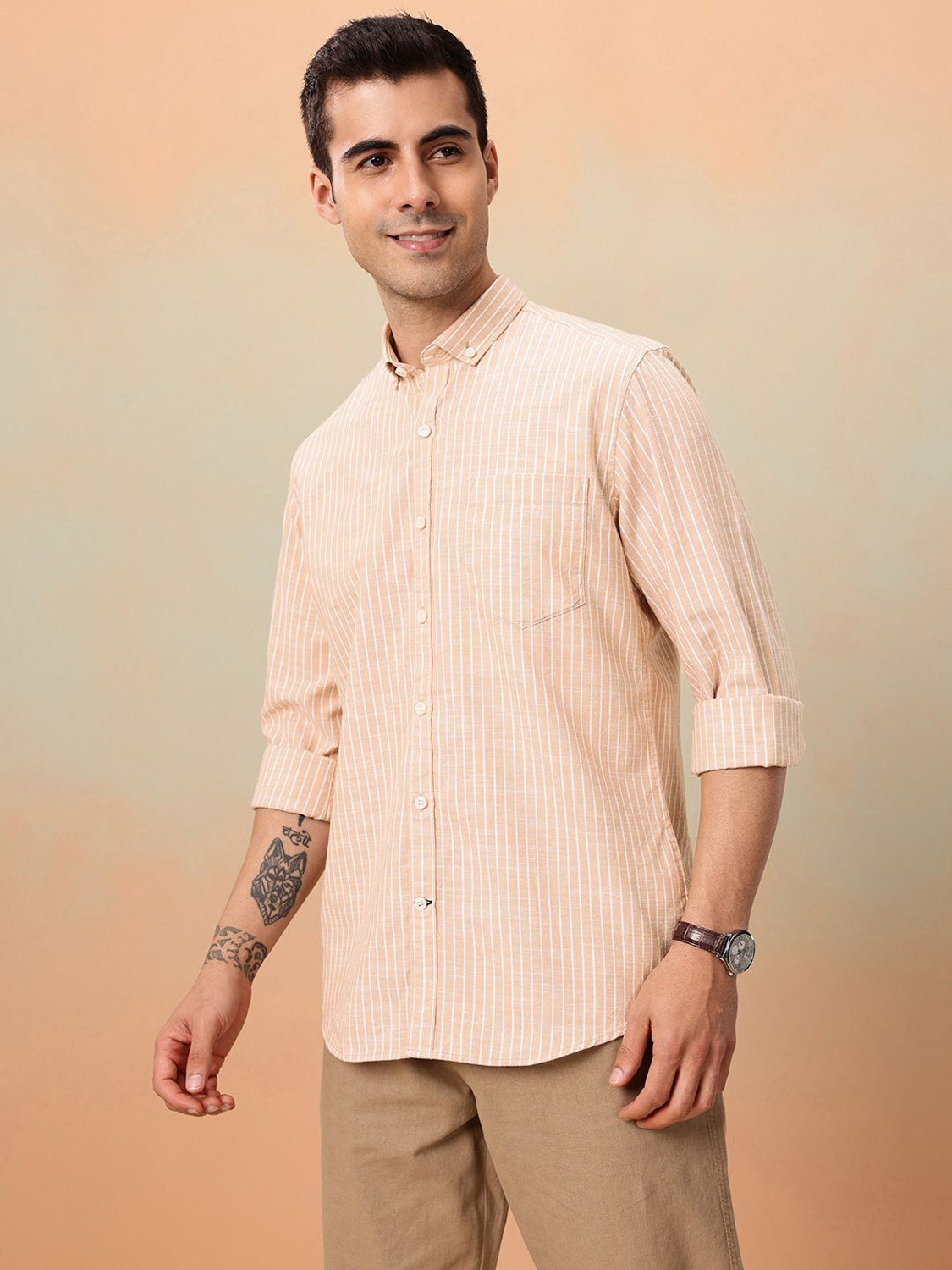 Image of Mast & Harbour Men Striped Casual Pink Shirt